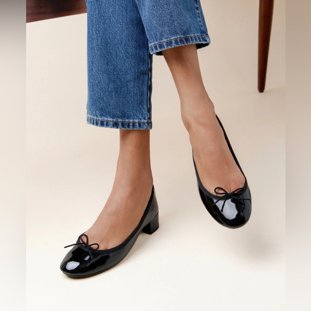 Repetto Black Patent Leather Low Block Heel Ballet Pumps